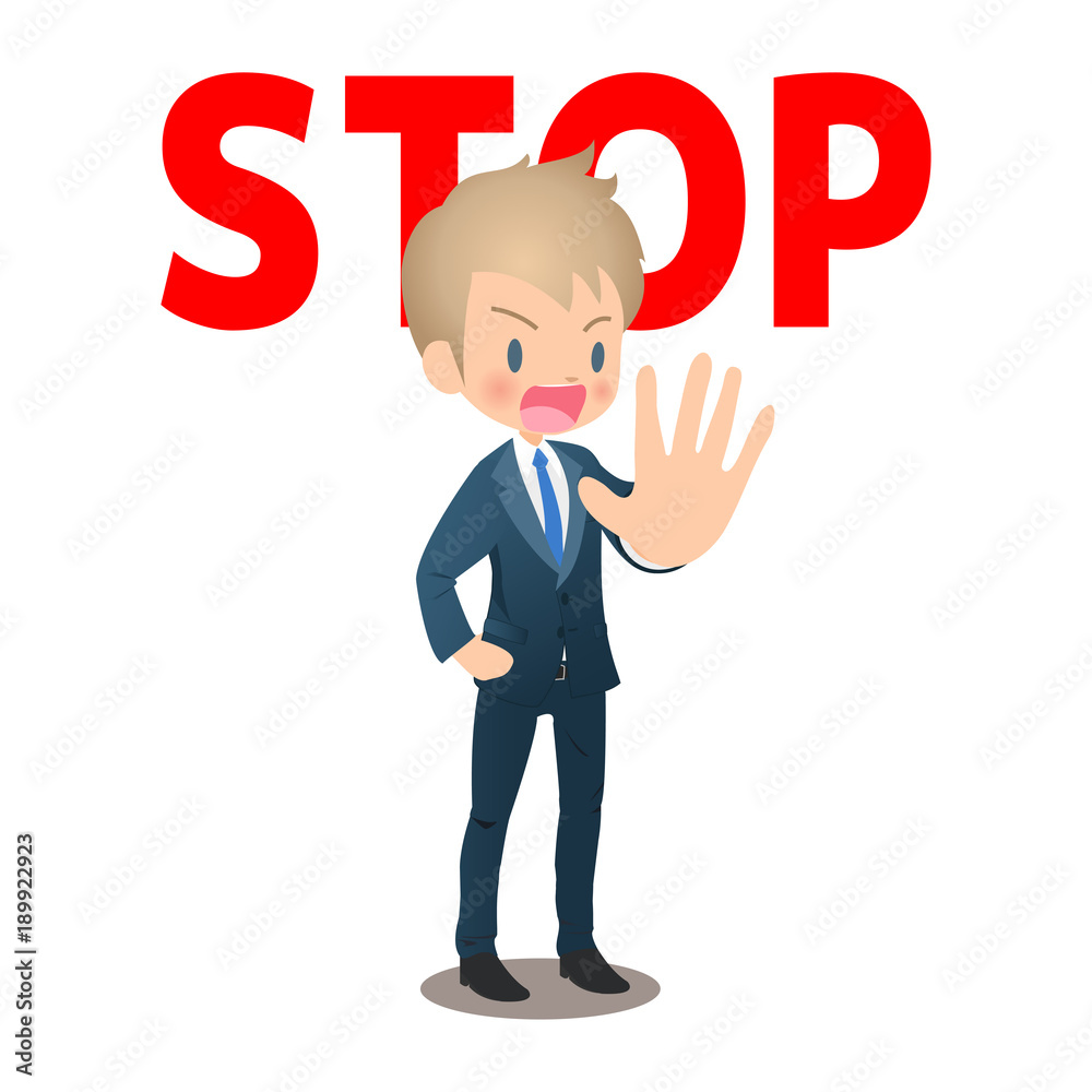 STOPを促すスーツ姿の若い男性ビジネスマン