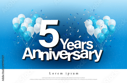 5th years anniversary greeting card lettering template with balloon and confetti. Design for invitation card, banner, web, header and flyer. vector illustrator