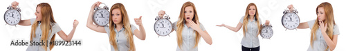 Young woman with clock on white