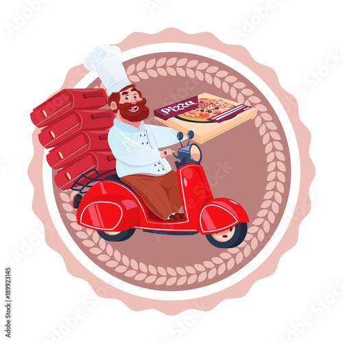 Man Cook Deliver Pizza Riding Retro Scooter Restaurant Food Delivery Icon Isolated Template Logo Flat Vector Illustration