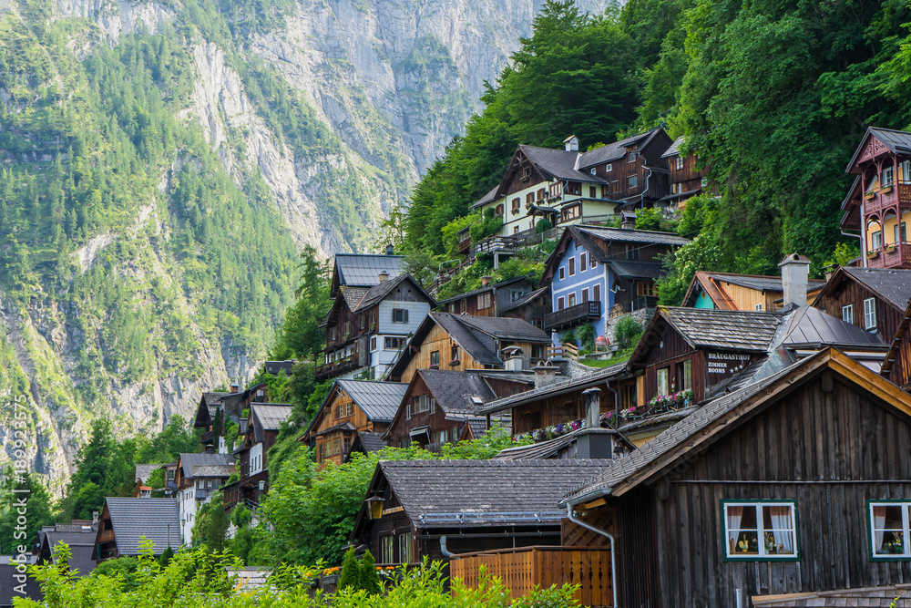 Nice signature View from Hallstatt , Austria . Took this photo on the way to city centre during summer afternoon  cloudy day / Location : Hallstatt, Austria, Europe