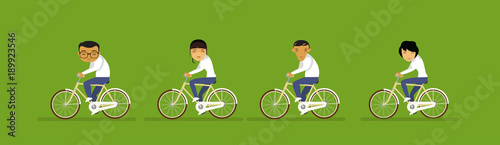 Group Of Asian Business People Riding Bicycle Businessmen Use Eco Transport Horizontal Banner Flat Vector Illustration