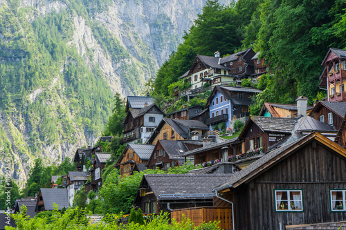Nice signature View from Hallstatt , Austria . Took this photo on the way to city centre during summer afternoon cloudy day / Location : Hallstatt, Austria, Europe