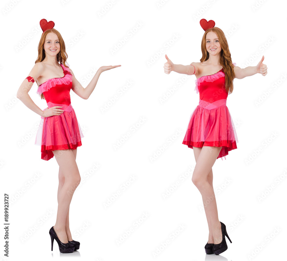 Pretty young model in mini pink dress isolated on white Pretty young model in mini pink dress isolated on white