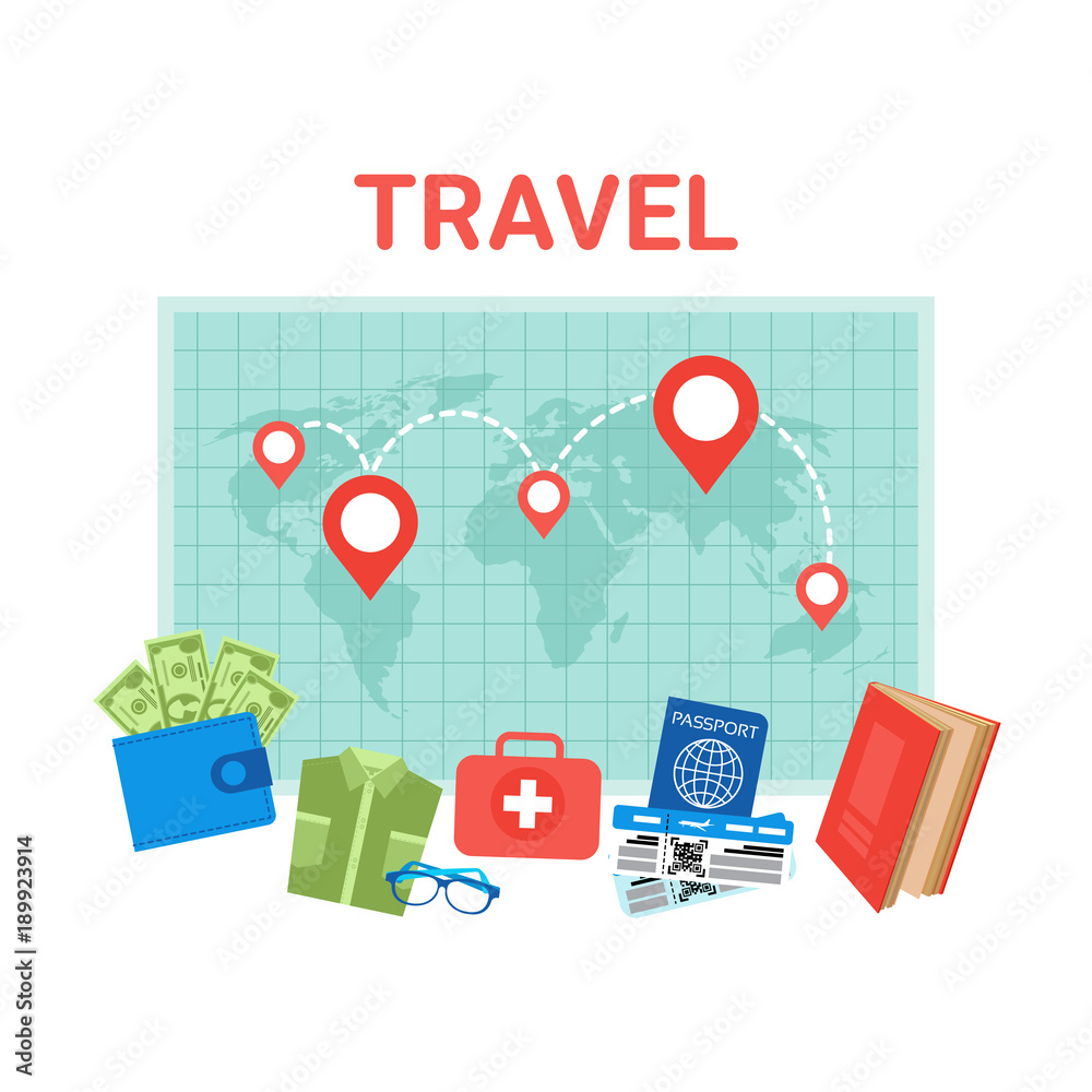 Travel Planning Background Pointers On World Map Baggage Items Icons Flat Vector Illustration