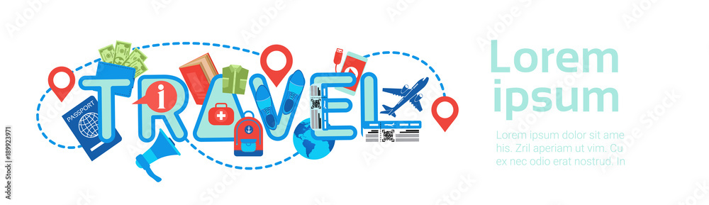 Obraz premium Planning Travel Horizontal Banner Template Backgroung Tour Route, Packing And Booking Concept Flat Vector Illustration