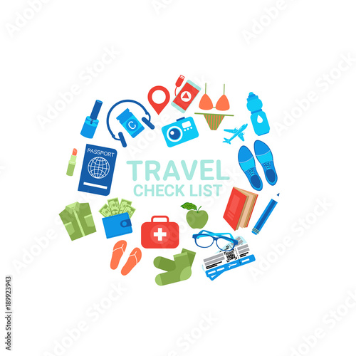 Travel Check List Icons On White Background Baggage Packing Concept Flat Vector Illustration