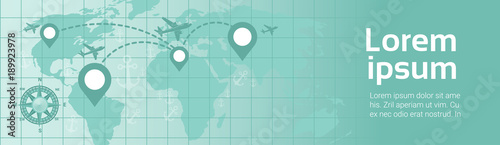 World Travel By Plane Template Banner Airplane Fly Over Earth Map With Navigation Pointers Route Planning Flat Vector Illustration