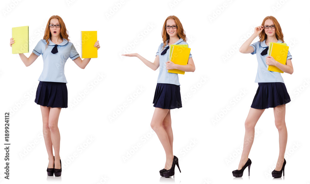Fototapeta premium Young diligent student with textbooks isolated on white