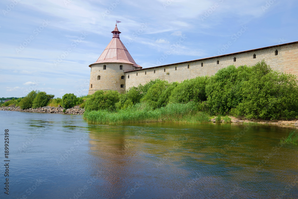 A view of the Golovin Tower in the July sunny day. Oreshek fortress, Shlisselburg. Russia