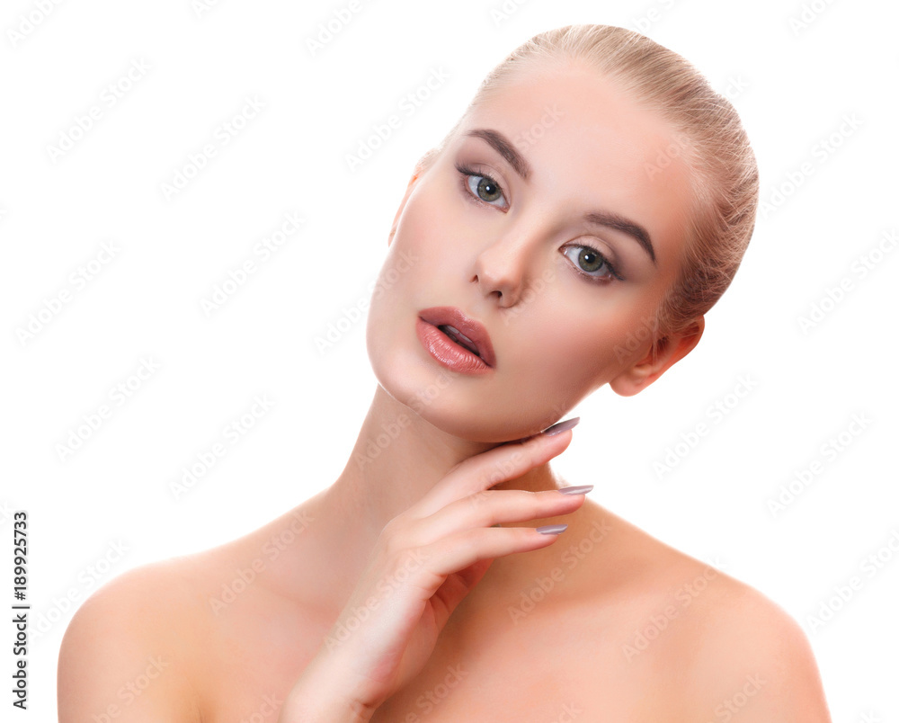 Beautiful young woman with smooth and soft, clear skin, isolated on white background Beautiful young woman with smooth and soft, clear skin, isolated on white background