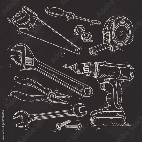 hand sketch icons set of carpentry tools on black background