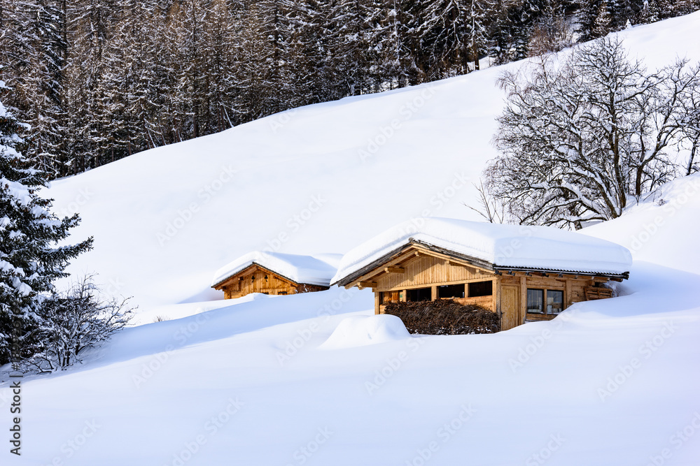 Mountain lodge in the snow