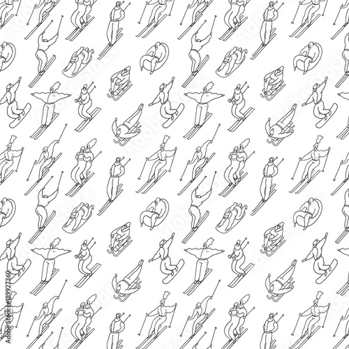 Pattern skiing people in winter on a tubing, snowboard, ski, sleigh . 
