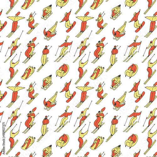 Pattern skiing people in winter on a tubing, snowboard, ski, sleigh .