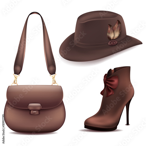Cowboy set of accessories leather bag suede boots and felt hat with feathers