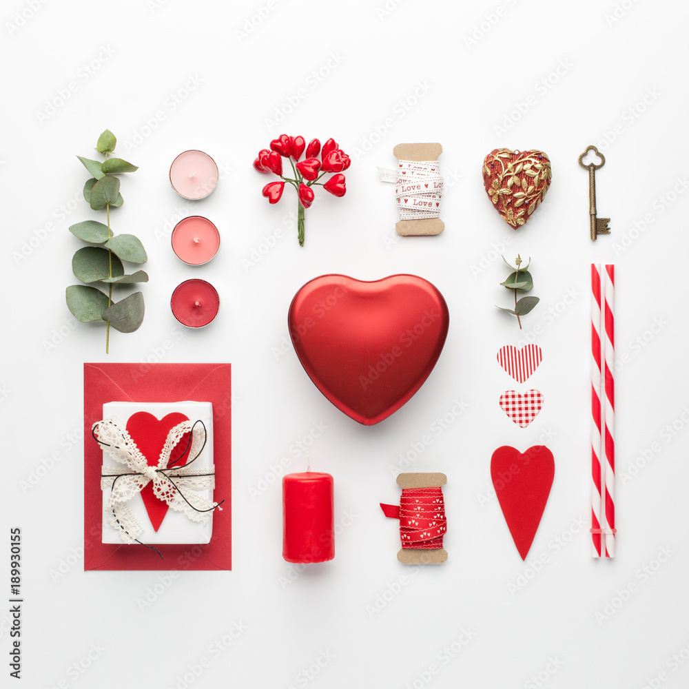 Φωτογραφία Valentine's Day composition made of gifts, candles, confetti on white background