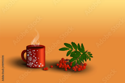 A cup of tea and a branch of rowanberry