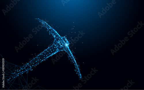 Photo Abstract Bitcoin mining concept with pickaxe and coin form lines and triangles, point connecting network on blue background