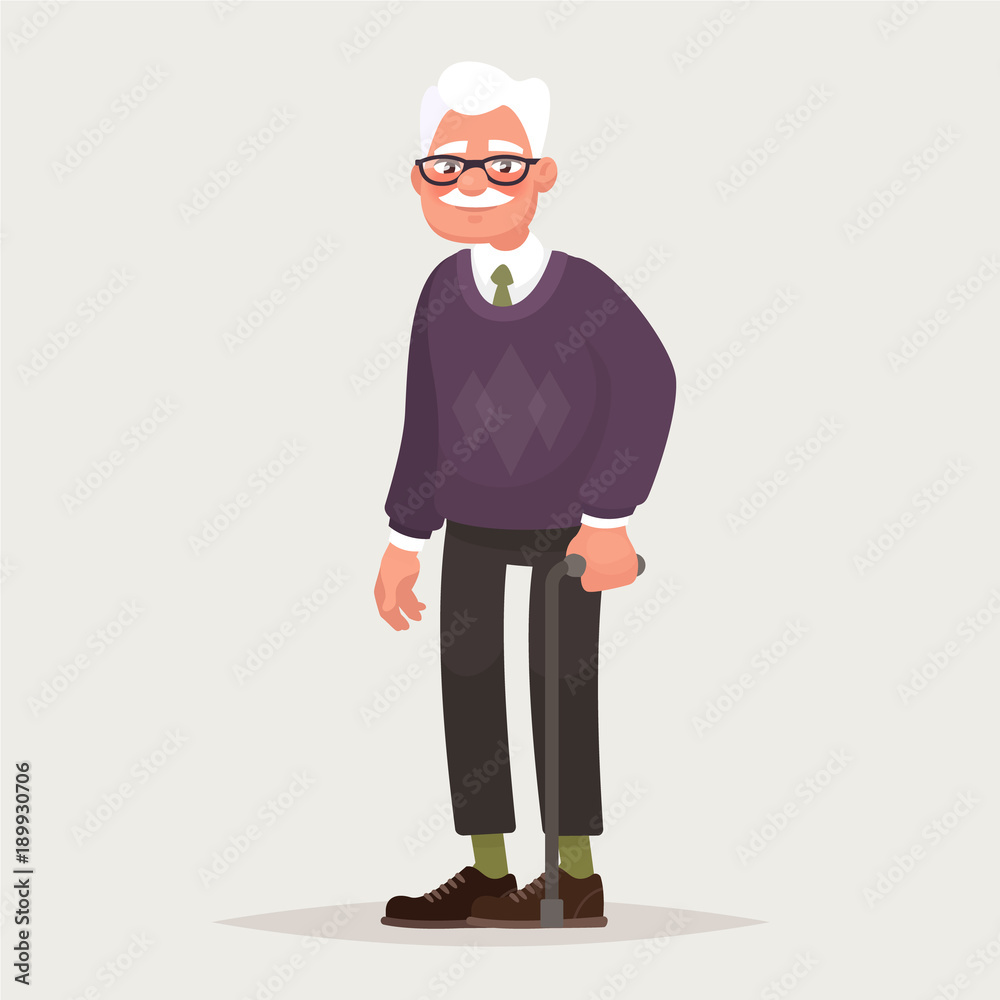 Grandfather wearing glasses. An elderly man with a cane in his hands ...
