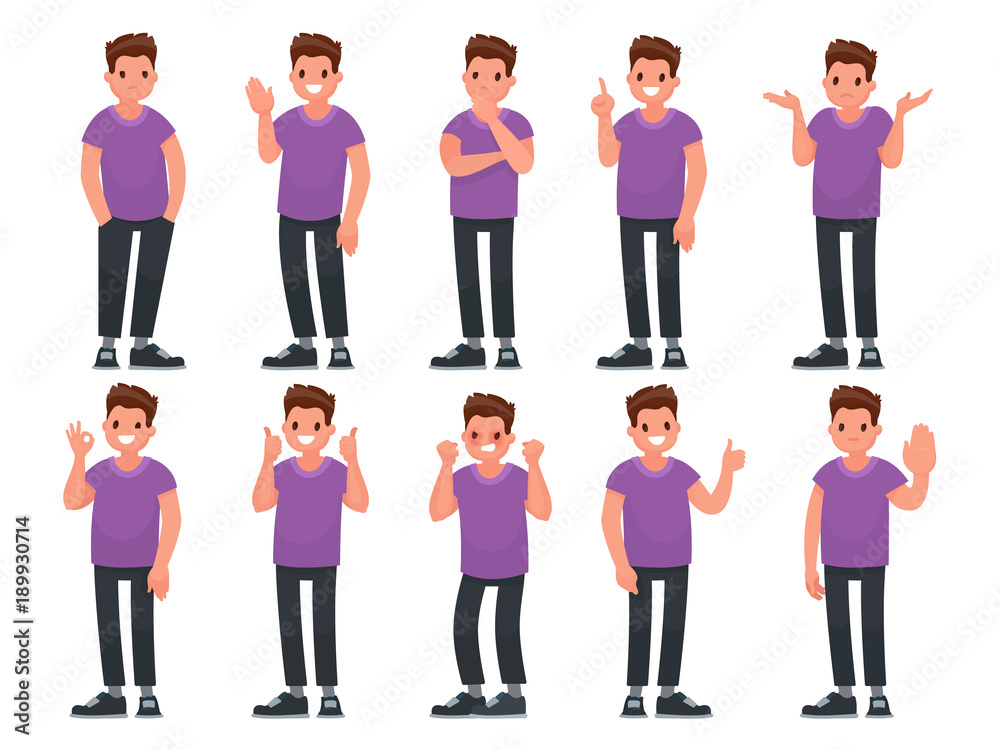 Set of male character with different gestures and emotions. Vector illustration in a flat style