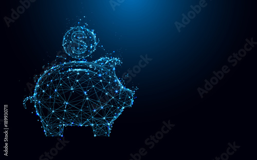 Abstract Pig piggy bank and coin form lines and triangles, point connecting network on blue background. Illustration vector