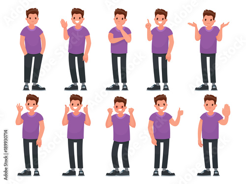 Set of male character with different gestures and emotions. Vector illustration in a flat style