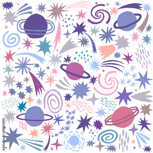 Vector space illustration. Planets, stars, universe, galaxy doodle set