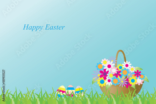 Vector illustration with a basket of flowers and ester eggs. Caption: Happy Easter. Greeting card.