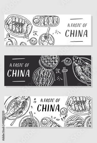 Chinese food banner collection. Linear graphic. Vector illustration. Engraved style.