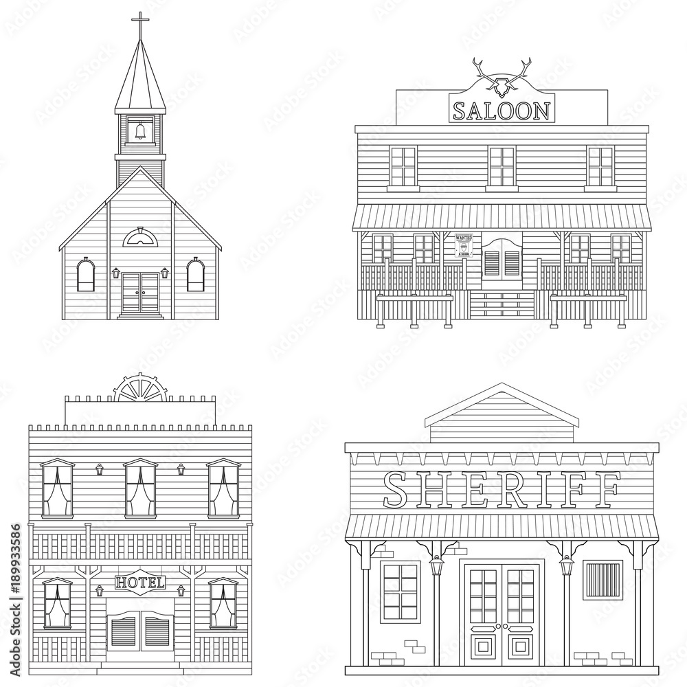 A set of buildings of the wild west. Line art. Children's coloring. Vector illustration