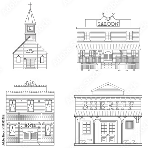 A set of buildings of the wild west. Line art. Children's coloring. Vector illustration