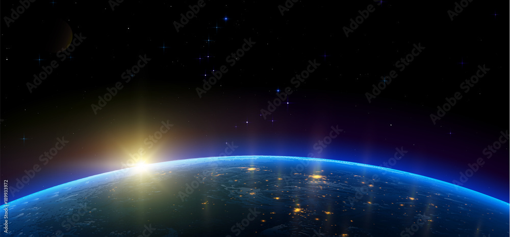 Night view of Earth from the satellite to the glowing lights of cities on the sunrise from the east. Outer space. 