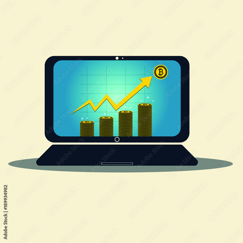 Business laptop concept symbol on-screen. Bitcoin gold icon for rowth chart on medal bitcoin background.vector illustration Business laptop concept symbol on-screen. Bitcoin gold icon for rowth chart on medal bitcoin background.vector illustration