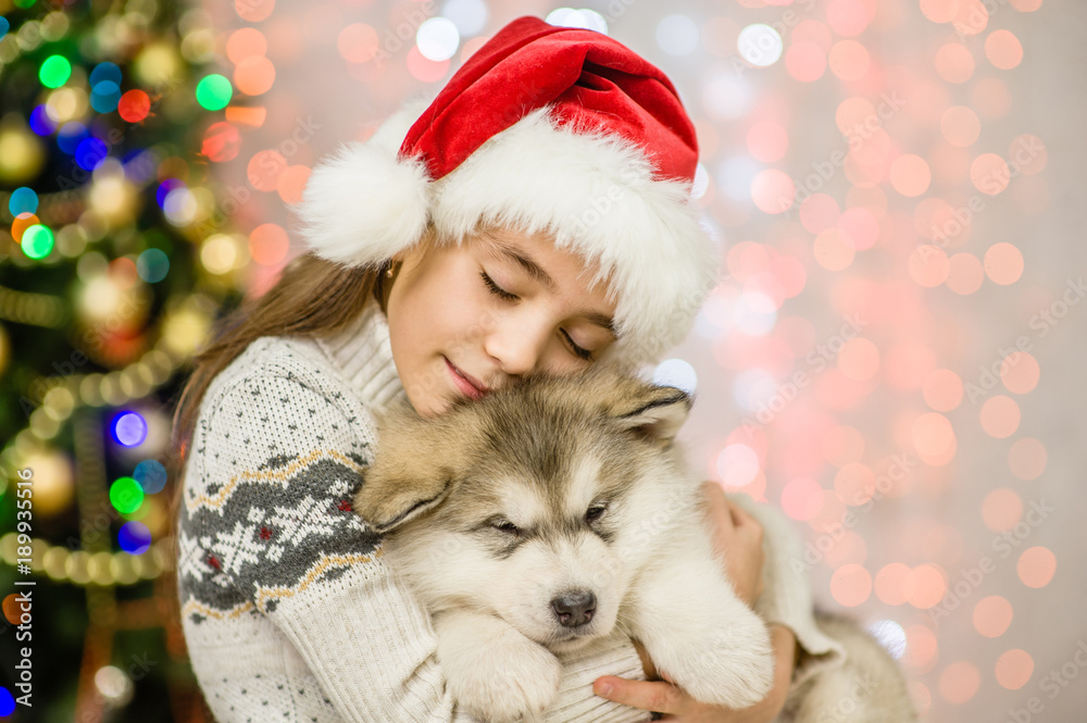 happy little girl in red santa hat hugging puppy on a background of the Christmas tree