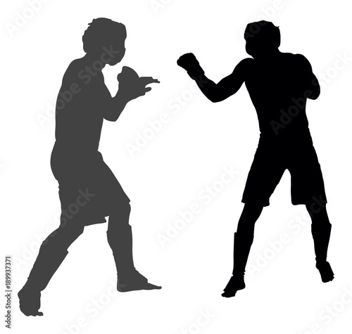 Two mma fighters vector silhouette illustration isolated on white background.