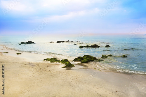 Sunshine in the morning with sea soft waves and rocks in the sea with green moss over sand of the tropical beach.