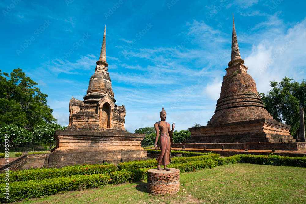 Fototapeta premium Beautiful temple Thailand name Sa-Sri temple, Sukhothai Historical Park,