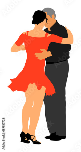 Elegant latin dancers couple vector illustration isolated on white background. Mature tango dancing people in ballroom night event.