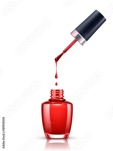 Nail polish dripping from brush into bottle on white background