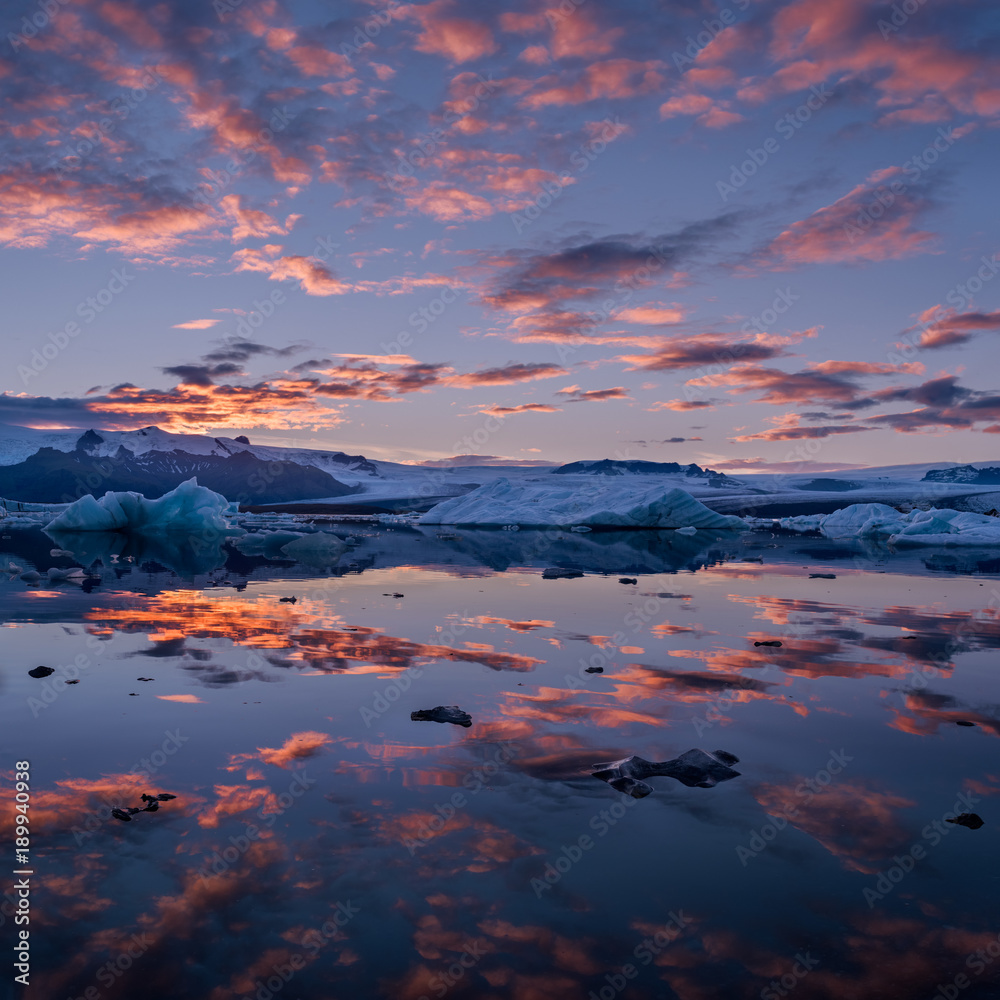 Panoramic photo taken at Jökulsárlón, Iceland. Jökulsárlón is a large and the most famous glacial lake in Iceland, on the edge of Vatnajökull National Park.
