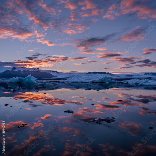 Panoramic photo taken at Jökulsárlón, Iceland. Jökulsárlón is a large and the most famous glacial lake in Iceland, on the edge of Vatnajökull National Park.