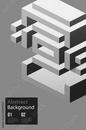Poster design template with big isometric element in black and white style. Abstract vector background