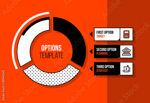 Pie chart infographics template with three segments in fancy geometric style on bright orange background