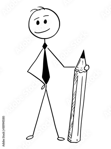 Cartoon stick man drawing conceptual illustration of businessman standing and posing with pencil.