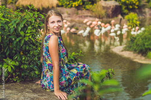 Woman on a background of flamingos on a pond photo