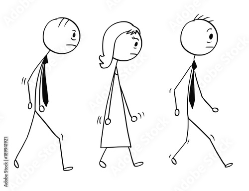 Cartoon stick man drawing conceptual illustration of team of three sad or tired business people, businessman and businesswoman walking.