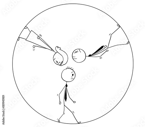 Cartoon stick man drawing conceptual illustration of team of three sad or tired business people, businessman and businesswoman walking in circle or squirrel or hamster wheel. Business concept of