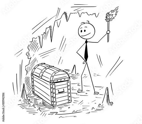 Cartoon stick man drawing conceptual illustration of businessman who found chest with treasure. Business concept of success and fortune.