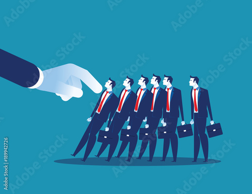Domino Effect. Manager pushes employee standing in row. Concept business chain reaction vector illustration.